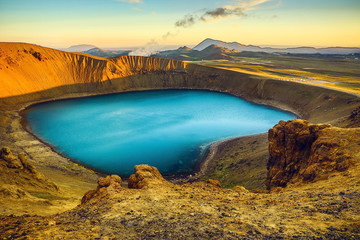 Volcanic lakes of Iceland. Scenic landscape at sunset.