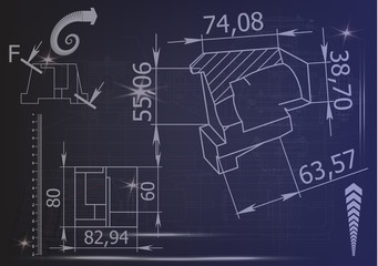 Machine-building drawings on a blue background