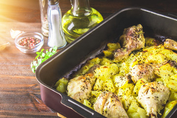 Roasted chicken leg with potatoes with caraway and garlic.