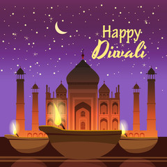 Beautiful greeting card for holiday diwali with burning diy, background Taj Mahal, night, cartoon style, vector, illustration