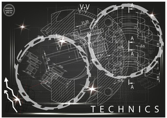 Machine-building drawings on a black background