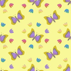pattern con farfalle e fiori colorati su sfondo giallo