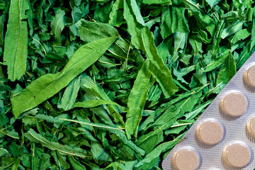 Fototapeta premium Cooking medicinal herbs. Horizontally. Green leaves of medicinal herbs are prepared for drying and lie next to a pack of tablets