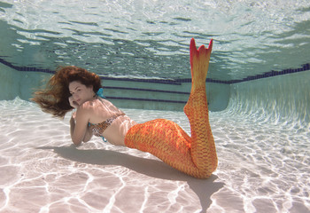 Fototapeta premium A mermaid with and orange tail underwater.