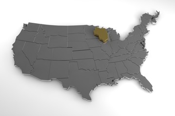 United States of America, 3d metallic map, with Wisconsin state highlighted. 3d render