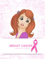 Breast cancer awareness month poster with pink ribbon and women portrait.