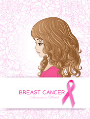 Breast cancer awareness month poster with pink ribbon and women portrait.