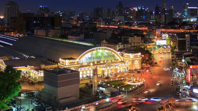 Time Lapse top view heavy traffic the area around Hua Lamphong Train Stationat , Hua Lamphong railway station is one of the largest transport hubs in Asia.