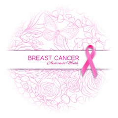 Breast cancer awareness month poster with pink ribbon and floral pattern.