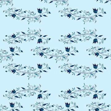 pattern con rami di fiori blu su sfondo celeste