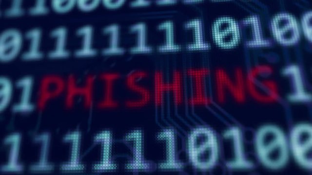 Phishing red text between blue binary data background blue screen with depth of field in 4k