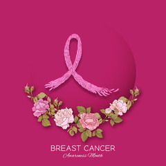 Breast cancer awareness month poster with pink ribbon and roses.