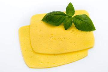 Cheese slices on the white background.