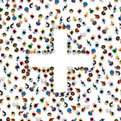 People in the heap in the form of a symbol plus. Vector illustration