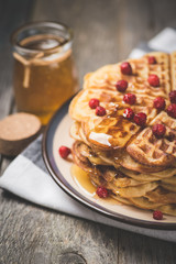 Dessert. Homemade sweet and hot pancakes on a rustic table