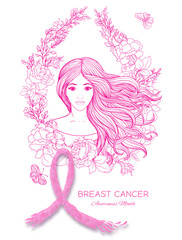 Breast cancer awareness month poster with pink ribbon and women portrait.