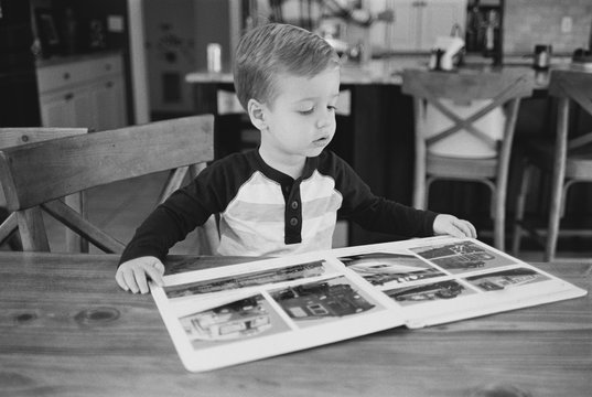 Cute young boy looking through a picture book