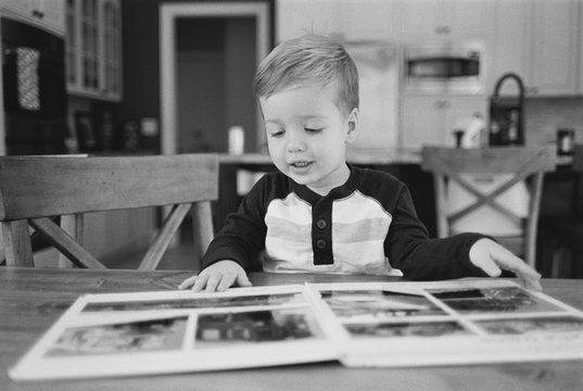 Cute young boy looking through a picture book