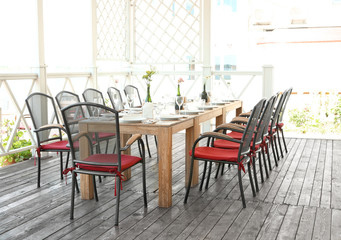Banquet table on terrace of cafe