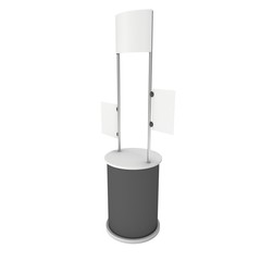 Stall or Kiosk Modern Promostand Reception Desk. Trade show booth white and blank. 3d render illustration isolated on white background. Template mockup for your expo design.