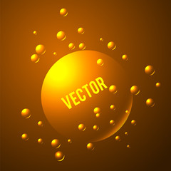 Big gold sphere with many bubbles with shadow on gradient background. Vector illustration banner.