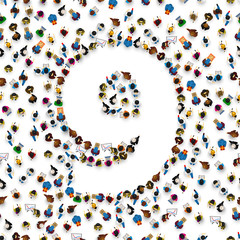 Large group of people in number 9 nine form. People font. Vector illustration
