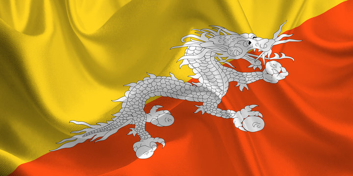 Waving flag of the Bhutan. Flag in the Wind. National mark. Waving Bhutan Flag. Bhutan Flag Flowing.