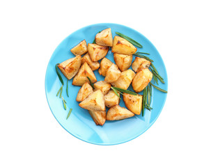 Delicious baked potatoes with rosemary on plate, isolated on white