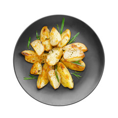 Delicious baked potatoes with rosemary on plate, isolated on white