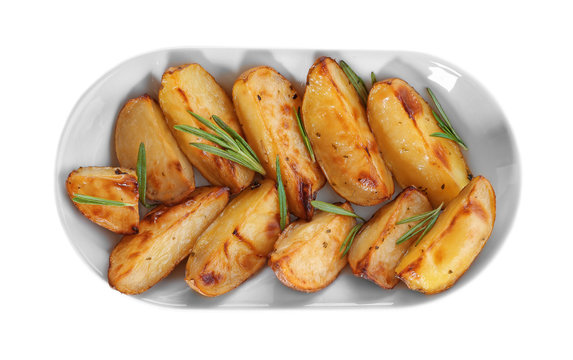 Delicious baked potatoes with rosemary on plate, isolated on white