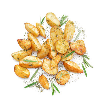 Delicious baked potatoes with rosemary, isolated on white