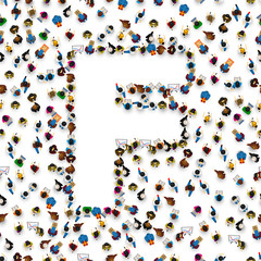 A group of people in the shape of English alphabet letter F on light background. Vector illustration.