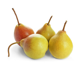 Delicious ripe pears on white background