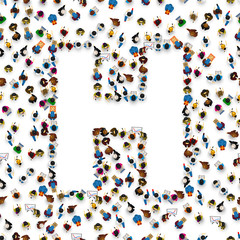 A group of people in the shape of English alphabet letter H on light background. Vector illustration.