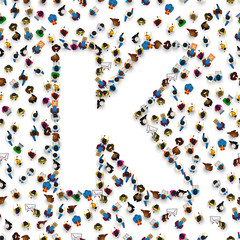 A group of people in the shape of English alphabet letter K on light background. Vector illustration.