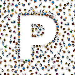 A group of people in the shape of English alphabet letter P on light background. Vector illustration.