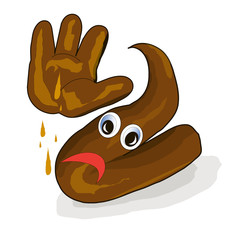 Cartoon brown excrement dung, shit, unhappy emotional with hand stock vector illustration on white