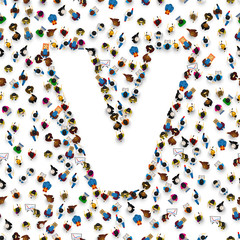 A group of people in the shape of English alphabet letter V on light background. Vector illustration.