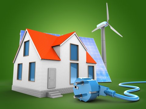 3d house with solar and wind energy