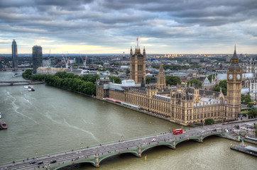 London Skyline landscape with Big Ben, Palace of Westminster, London Eye, Westminster Bridge, River...