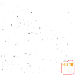 Abstract pattern of random falling silver stars on white background. Glitter pattern for banner, greeting card, Christmas and New Year card, invitation, postcard, paper packaging