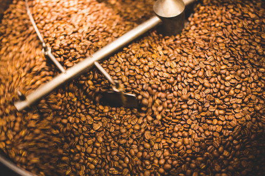 Freshly roasted coffee beans being stirred by metal bar