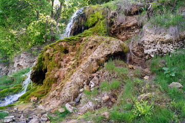 Stone wall with greenery and waterfall. Texture of nature. Background for text, banner, label.