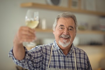 Senior man holding a glass of wine at home