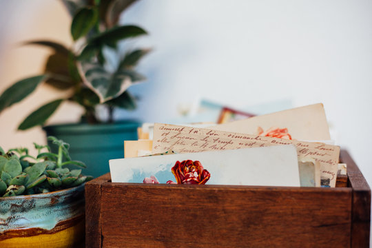 Wooden Box full of old postcards and letters