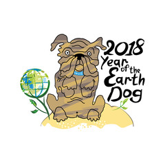 Illustration to Year of the Dog 2018. Inscription and a funny bulldog. Naive style.
