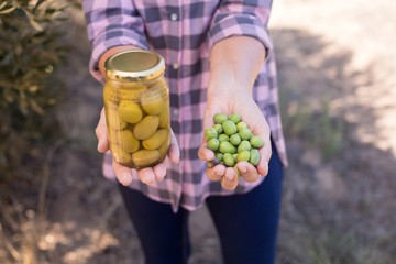 Naklejka na ściany i meble Mid section of woman holding pickled jar and harvested olives