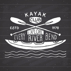 Fototapeta premium Kayak and canoe vintage label, Hand drawn sketch, grunge textured retro badge, typography design t-shirt print, vector illustration on chalkboard background