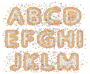 vector illustration of rounded font alphabet with bakery cookie and sprinkles topping stars, dots and lines