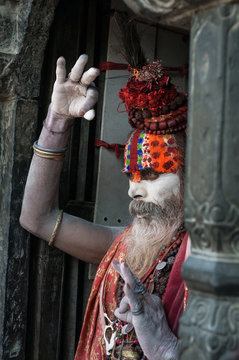 Portrait of a Holy Man praying on  a temple, Kathmandu